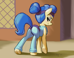 Size: 1200x952 | Tagged: safe, artist:ajin, sapphire shores, earth pony, pony, for whom the sweetie belle toils, g4, butt, female, headband, implied tail hole, leotard, looking back, plot, solo, sweat, the ass was fat, underhoof