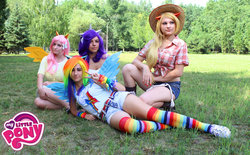 Size: 900x558 | Tagged: safe, artist:kim-kim-kim, artist:mikamisama, applejack, fluttershy, rainbow dash, rarity, human, g4, clothes, cosplay, irl, irl human, photo, rainbow socks, socks, striped socks