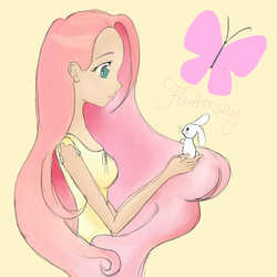 Size: 1000x1000 | Tagged: safe, artist:kiwiharuka, angel bunny, fluttershy, human, g4, humanized