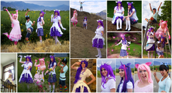 Size: 1276x692 | Tagged: safe, artist:glyfy, pinkie pie, rarity, twilight sparkle, human, g4, cosplay, irl, irl human, photo