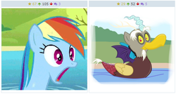 Size: 581x311 | Tagged: safe, discord, rainbow dash, duck, derpibooru, g4, exploitable meme, juxtaposition, juxtaposition win, meme, meta, pond, species swap, swapped species, wat, water