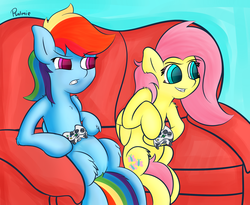 Size: 2000x1639 | Tagged: safe, artist:psalmie, fluttershy, rainbow dash, g4, gaming