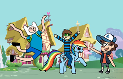 Size: 1800x1157 | Tagged: safe, artist:sharkiity, rainbow dash, human, pegasus, pony, g4, adventure time, crossover, dipper pines, female, finn the human, gravity falls, humans riding ponies, male, mare, ponyville, riding