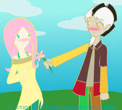 Size: 942x848 | Tagged: safe, artist:platinum-starz, discord, fluttershy, human, g4, blushing, clothes, cute, female, flower, humanized, male, ship:discoshy, shipping, straight, sweater, sweatershy