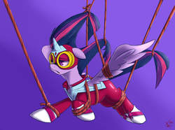 Size: 1280x953 | Tagged: safe, artist:crade, twilight sparkle, alicorn, pony, g4, power ponies (episode), bondage, bound wings, female, mare, masked matter-horn costume, power ponies, rope, solo, suspended, twilight sparkle (alicorn)