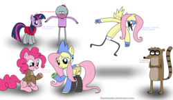 Size: 3500x2010 | Tagged: safe, artist:facelesssoles, fluttershy, pinkie pie, twilight sparkle, earth pony, pegasus, pony, unicorn, g4, benson, clothes, costume, crossover, female, high res, hoodie, male, mare, mordecai, mordecai and rigby, regular show, rigby (regular show), simple background, transparent background, unicorn twilight