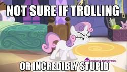 Size: 960x540 | Tagged: safe, edit, edited screencap, screencap, sweetie belle, pony, unicorn, for whom the sweetie belle toils, g4, female, filly, foal, image macro, meme, not sure if, not sure if trolling, reaction image, solo