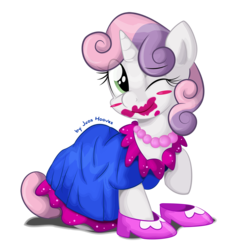 Size: 1772x1806 | Tagged: safe, artist:jcosneverexisted, sweetie belle, pony, unicorn, for whom the sweetie belle toils, g4, 5-year-old sweetie belle, blushing, clothes, dress, female, filly, foal, high heels, horn, lipstick, simple background, solo, transparent background