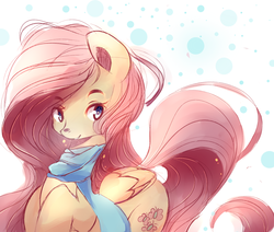 Size: 1024x870 | Tagged: dead source, safe, artist:inkytophat, fluttershy, pegasus, pony, g4, clothes, female, scarf, snow, snowfall, solo