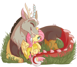 Size: 1600x1400 | Tagged: safe, artist:evehly, discord, fluttershy, g4, cuddling, duo, eyes closed, fangs, female, friendshipping, grass, grin, hug, male, nuzzling, prone, sitting, smiling, snuggling, spread wings, wink