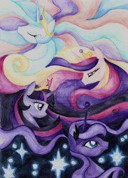 Size: 1024x1419 | Tagged: safe, artist:kelly-jo, princess cadance, princess celestia, princess luna, twilight sparkle, alicorn, pony, g4, alicorn tetrarchy, female, mare, traditional art, twilight sparkle (alicorn)