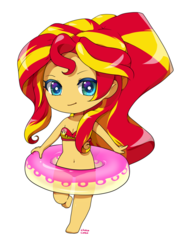 Size: 1611x2188 | Tagged: safe, artist:choco-cocco, sunset shimmer, equestria girls, g4, belly button, bikini, chibi, cleavage, clothes, cute, female, floaty, inner tube, shimmerbetes, simple background, solo, swimsuit, transparent background