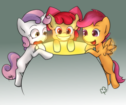 Size: 1024x853 | Tagged: safe, artist:midnightpremiere, apple bloom, scootaloo, sweetie belle, earth pony, pony, g4, cauldron, cutie mark crusaders, female, filly, foal, holiday, open mouth, pot of gold, saint patrick's day, smiling