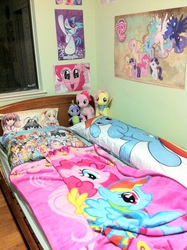 Size: 1936x2592 | Tagged: safe, applejack, fluttershy, pinkie pie, princess celestia, princess luna, rainbow dash, rarity, twilight sparkle, g4, anime, bedroom, body pillow, irl, merchandise, photo, room of pony