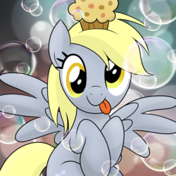 Size: 894x894 | Tagged: safe, artist:drawponies, derpy hooves, pegasus, pony, g4, best pony, bubble, cute, derpabetes, female, muffin, solo, tongue out