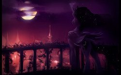 Size: 1680x1050 | Tagged: dead source, safe, artist:noben, princess luna, alicorn, pony, g4, canterlot, city, cityscape, cloud, cloudy, ethereal mane, female, moon, night, scenery, solo, stars