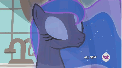Size: 1920x1080 | Tagged: safe, screencap, princess luna, pony, for whom the sweetie belle toils, g4, animated, calm, close-up, curtains, dream, dream walker luna, female, hub logo, hubble, observer, sink, solo, stoic, the hub, transparent flesh, window