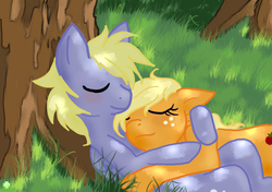 Size: 801x564 | Tagged: safe, artist:amazonmandy, applejack, derpy hooves, earth pony, pegasus, pony, g4, dappled sunlight, female, hug, lesbian, mare, ship:derpyjack, shipping, sleeping, tree