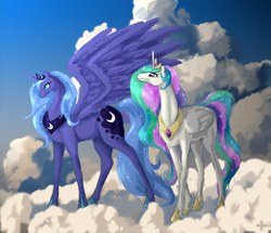 Size: 1124x965 | Tagged: safe, artist:amazonmandy, princess celestia, princess luna, g4, cloud, duo, hoers, on a cloud, royal sisters, siblings, sisters, spread wings, standing on a cloud, wings