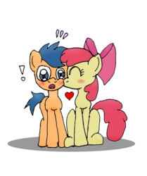 Size: 627x751 | Tagged: safe, artist:jrapcdaikari, apple bloom, first base, earth pony, pony, g4, bloombase, blushing, colt, duo, exclamation point, eyes closed, female, filly, floating heart, heart, kissing, male, shipping, simple background, straight, surprise kiss, surprised, sweat, sweatdrops, transparent background