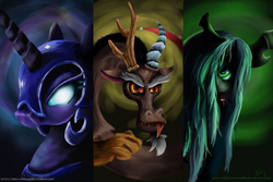 Size: 1460x978 | Tagged: dead source, safe, artist:reillyington86, discord, nightmare moon, queen chrysalis, alicorn, changeling, changeling queen, draconequus, pony, g4, fangs, female, glowing eyes, helmet, trio, villains of equestria