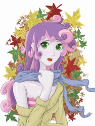 Size: 1800x2400 | Tagged: safe, artist:novaquinmat, sweetie belle, human, g4, autumn, clothes, female, humanized, leaves, off shoulder, older, older sweetie belle, scarf, solo, sweater