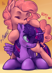 Size: 679x950 | Tagged: safe, artist:phurie, pinkie pie, twilight sparkle, alicorn, pony, g4, bipedal, blushing, cute, diapinkes, ear bite, eyes closed, female, heart, lesbian, mare, nom, open mouth, prone, ship:twinkie, shipping, smiling, twilight sparkle (alicorn), wink