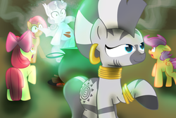 Size: 1500x1000 | Tagged: dead source, safe, artist:jencita, apple bloom, babs seed, scootaloo, sweetie belle, zecora, bat pony, pony, zebra, g4, bat ponified, cutie mark crusaders, duo, sweetie bat