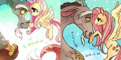 Size: 1000x500 | Tagged: safe, artist:pasikon, discord, fluttershy, g4, female, male, redraw, ship:discoshy, shipping, straight