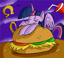 Size: 1280x1163 | Tagged: safe, artist:benja, twilight sparkle, alicorn, pony, ask ask-the-ponies, g4, eyes closed, female, hay burger, mare, smiling, solo, that pony sure does love burgers, twilight burgkle, twilight sparkle (alicorn)