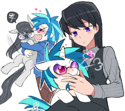 Size: 764x682 | Tagged: dead source, safe, artist:re_ghotion, dj pon-3, octavia melody, vinyl scratch, earth pony, human, pony, unicorn, ><, biting, blushing, bowtie, breath, clothes, duo, eyes closed, female, glasses, hape, heart, hoodie, horn, hug, hugging a pony, human ponidox, humanized, leaning, lesbian, mare, nom, open mouth, pictogram, scratchtavia, shipping, simple background, skull and crossbones, sunglasses, white background