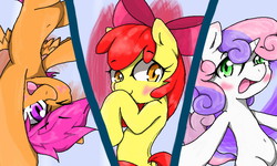 Size: 800x480 | Tagged: safe, artist:azurepicker, apple bloom, scootaloo, sweetie belle, earth pony, pegasus, pony, unicorn, g4, adorabloom, blushing, cute, cutealoo, cutie mark crusaders, diasweetes, female, filly, one eye closed, open mouth, pixiv, wink