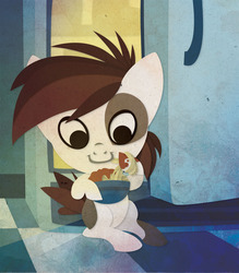 Size: 875x1000 | Tagged: safe, artist:sleepwalks, pipsqueak, earth pony, g4, colt, eating, foal, food, male, messy eating, pipsqueak eating spaghetti, refrigerator, solo, spaghetti, tiled floor