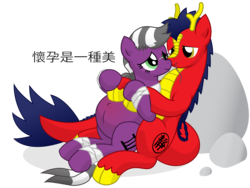 Size: 14400x10800 | Tagged: safe, artist:xniclord789x, oc, oc only, dracony, absurd resolution, bandage, chinese, cuddling, female, interspecies, male, pregnant, shipping, simple background, snuggling, straight, transparent background