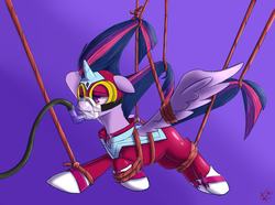Size: 1280x953 | Tagged: safe, artist:crade, twilight sparkle, alicorn, pony, g4, power ponies (episode), bondage, bound wings, fanfic, fanfic art, female, mare, masked matter-horn costume, oxygen mask, power ponies, rope, solo, suspended, twilight sparkle (alicorn)