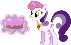 Size: 1571x996 | Tagged: safe, artist:kaylathehedgehog, sweetie belle, sweetie belle (g3), pony, unicorn, g3, g4, cake, element of love, elements of harmony, female, food, g3 to g4, generation leap, glowing horn, horn, jewelry, necklace, simple background, solo, sweetie belle's magic brings a great big smile, transparent background