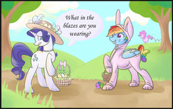 Size: 3893x2448 | Tagged: safe, artist:invalidabsence, pinkie pie, rainbow dash, rarity, g4, basket, bunny costume, clothes, costume, easter, easter egg, hat, high res, necklace