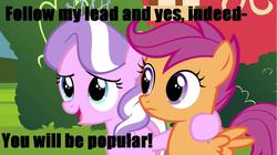 Size: 1281x719 | Tagged: safe, screencap, diamond tiara, scootaloo, g4, my little pony: friendship is magic, twilight time, lyrics, not sure if want, popular, song reference, wicked