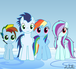 Size: 3300x3000 | Tagged: safe, artist:rulette, rainbow dash, soarin', oc, oc:crisp breeze, oc:spectrum haste, g4, family, female, high res, male, offspring, parent, parent:rainbow dash, parent:soarin', parents:soarindash, photo, ship:soarindash, shipping, straight