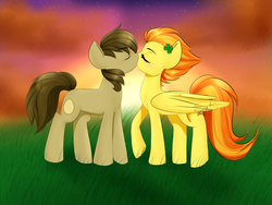 Size: 4800x3600 | Tagged: safe, artist:sugarberry, spitfire, oc, oc:chocolate chips, earth pony, pegasus, pony, g4, absurd resolution, blushing, canon x oc, clover, cute, duo, eyes closed, female, firechips, four leaf clover, grass, kiss on the lips, kissing, love, male, mare, raised hoof, shipping, stallion, stars, straight, sunset, windswept mane