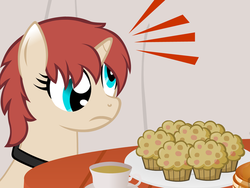 Size: 640x480 | Tagged: safe, artist:aha-mccoy, oc, oc only, oc:corel, pony, unicorn, cup, derp, female, food, mare, muffin, personality swap, solo, surprised, teacup
