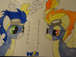 Size: 1024x768 | Tagged: safe, artist:volkswerk-jesswright, soarin', spitfire, g4, female, male, ship:soarinfire, shipping, straight, traditional art, wonderbolts