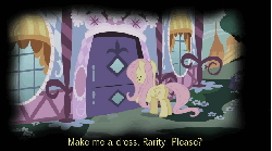 Size: 615x343 | Tagged: safe, screencap, fluttershy, rarity, for whom the sweetie belle toils, g4, animated, cutie mark failure insanity syndrome, failure, female, floppy ears, knocking, nightmare, open mouth, raised hoof, raised leg, subtitles, talking, wide eyes, yelling