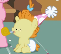 Size: 586x523 | Tagged: safe, screencap, pumpkin cake, pony, baby cakes, g4, baby, baby pony, cute, diaper, diapered, diapered filly, eyes closed, female, filly, hat, noisemaker, one month old filly, open mouth, party hat, sitting, solo, white diaper