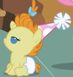 Size: 547x577 | Tagged: safe, screencap, pumpkin cake, pony, baby cakes, g4, baby, baby pony, cute, diaper, diapered, diapered filly, female, filly, happy, happy baby, hat, lidded eyes, one month old filly, party hat, sitting, smiling, solo, white diaper