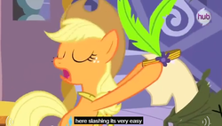 Size: 620x351 | Tagged: safe, screencap, applejack, g4, magical mystery cure, female, hub logo, meme, solo, what my cutie mark is telling me, youtube caption