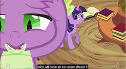 Size: 641x354 | Tagged: safe, screencap, spike, twilight sparkle, g4, it's about time, golden oaks library, meme, youtube caption