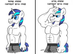 Size: 3507x2552 | Tagged: safe, artist:dragonboi471, shining armor, unicorn, anthro, g4, abs, before and after, belly button, boxers, clothes, crotch bulge, high res, male, muscles, muscular male, salute, solo, swelling armor, topless, underwear