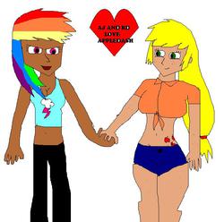 Size: 658x653 | Tagged: safe, applejack, rainbow dash, human, g4, belly button, cleavage, clothes, female, front knot midriff, humanized, lesbian, midriff, ship:appledash, shipping, tank top