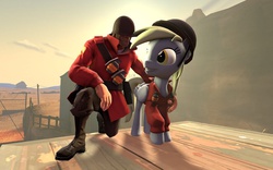 Size: 1024x640 | Tagged: safe, artist:d4rkm4nolo, derpy hooves, pegasus, pony, g4, 3d, crossover, cute, female, mare, soldier, soldier (tf2), source filmmaker, team fortress 2